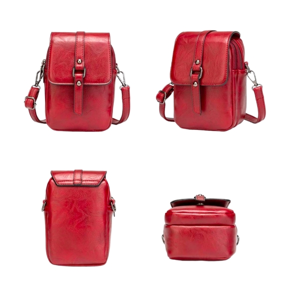 Women's Vintage Style Red Leather Crossbody Cell Phone Bag W/Tassel Decoration - Picture 3 of 7